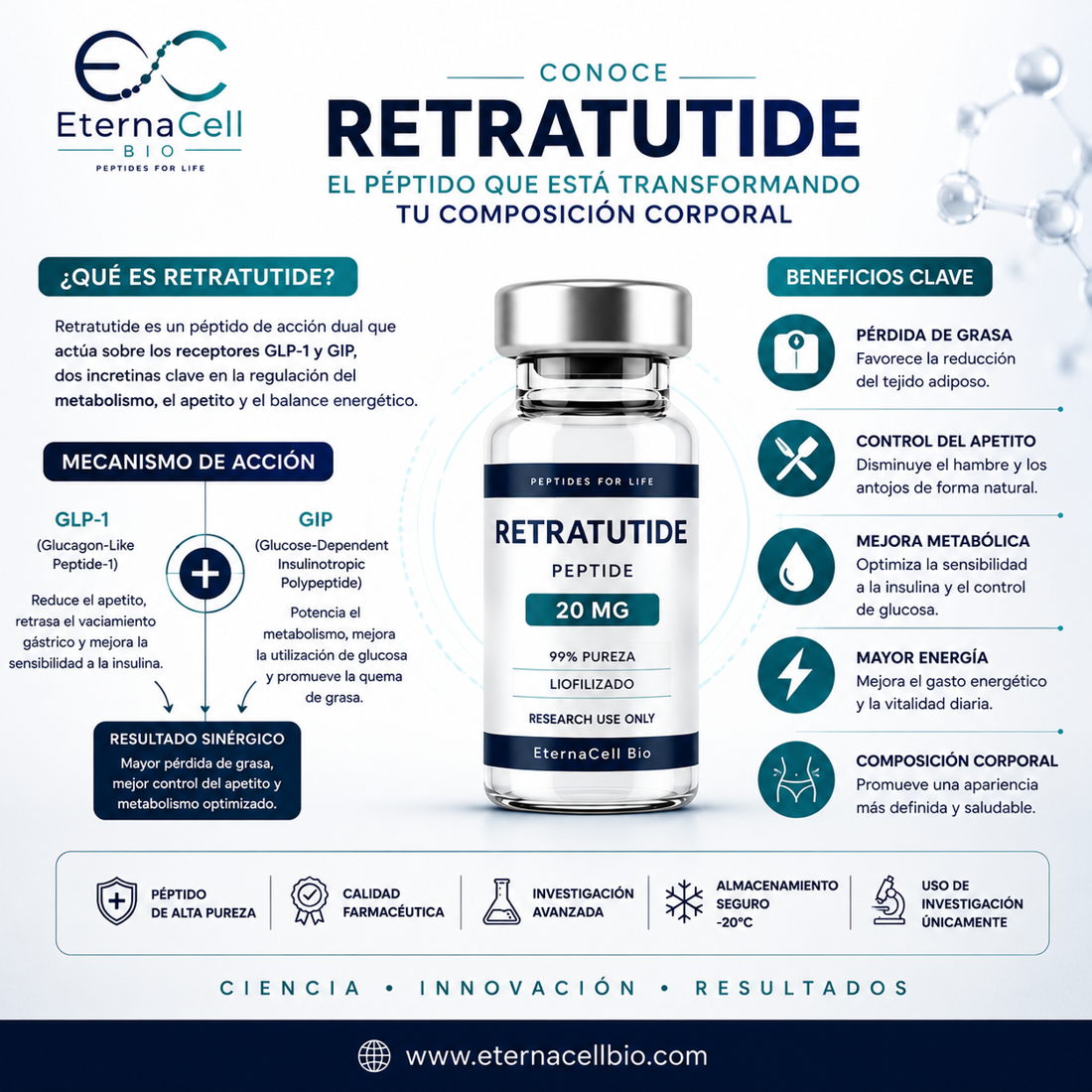 Ficha de Retatrutide de EternaCell Bio. Explica que es un péptido de acción dual sobre los receptores GLP-1 y GIP; el mecanismo combina reducción del apetito y vaciamiento gástrico más lento (GLP-1) con mejor utilización de glucosa y quema de grasa (GIP), con un resultado sinérgico de mayor pérdida de grasa y metabolismo optimizado. Enumera cinco ejes de estudio: pérdida de grasa, control del apetito, mejora metabólica, mayor energía y composición corporal. Al pie: péptido de alta pureza, calidad farmacéutica, investigación avanzada, almacenamiento a −20 °C y uso de investigación únicamente. Muestra el vial de Retatrutide de 20 mg con 99 % de pureza.